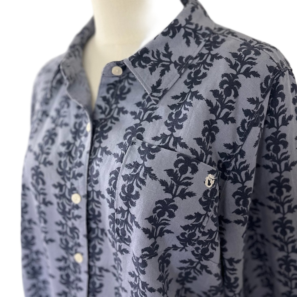 Spartina 449 Callie Linen Bellinger Thistle Denim Blue Floral Button Down Size L - Picture 3 of 11